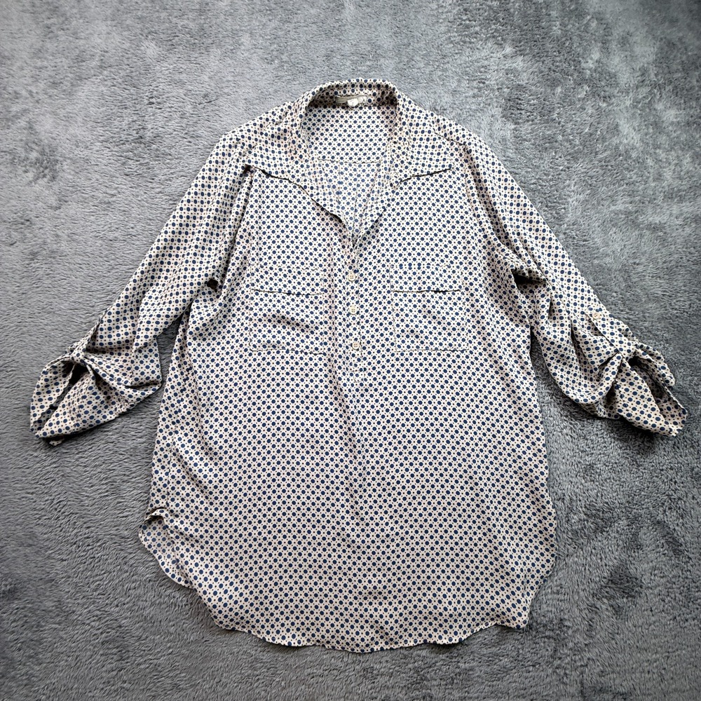 Pleione Women's Long Sleeve Blouse Roll Tab Sleeves Beige Blue Dotted Long M